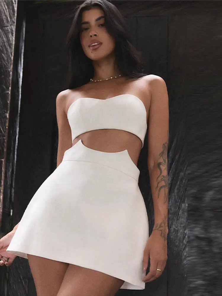 Women's Sexy Strapless Cut Out Two Piece Set Crop Top High Waist Cut A Line Mini Skirt Summer New Party Club Vacation Outfit