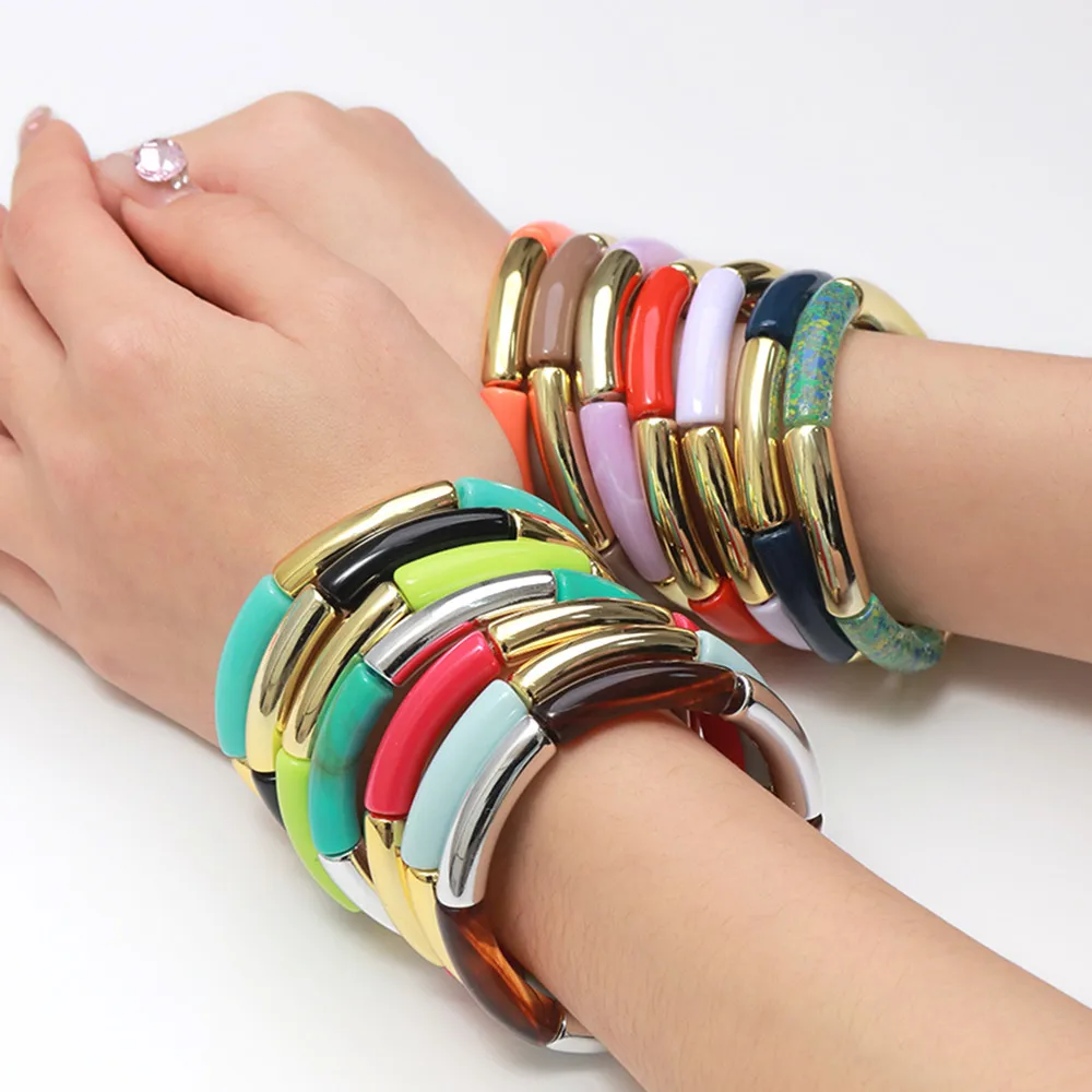 3Pcs/Set Trendy Colorful Thin Tube Beads Stackable Bracelets Elegant Geometric Curved Beaded Elastic Bangles Women Jewelry