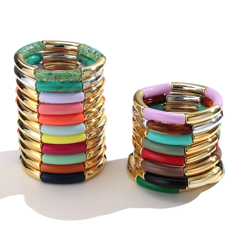 3Pcs/Set Trendy Colorful Thin Tube Beads Stackable Bracelets Elegant Geometric Curved Beaded Elastic Bangles Women Jewelry