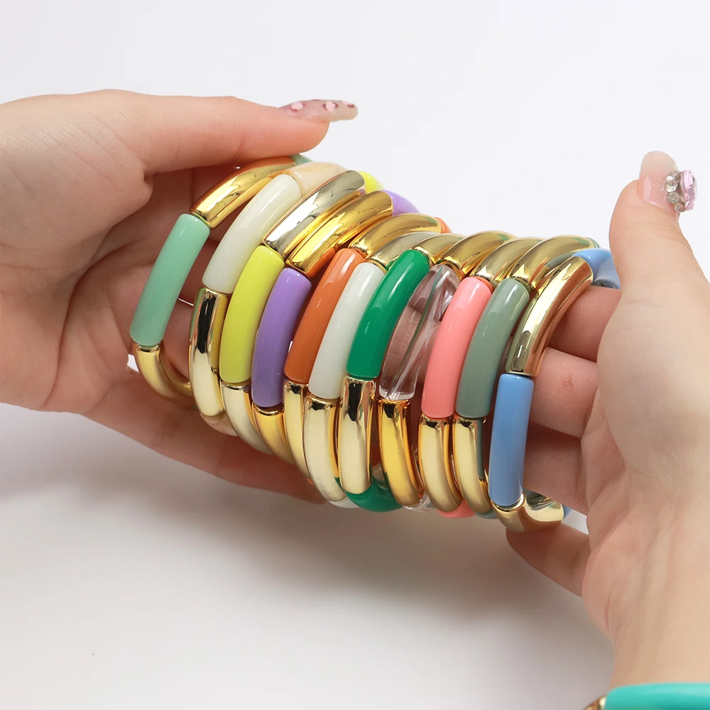 3Pcs/Set Trendy Colorful Thin Tube Beads Stackable Bracelets Elegant Geometric Curved Beaded Elastic Bangles Women Jewelry