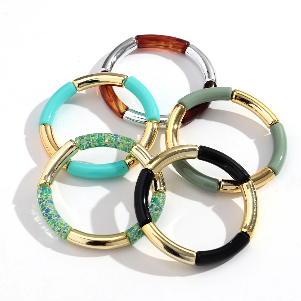 3Pcs/Set Trendy Colorful Thin Tube Beads Stackable Bracelets Elegant Geometric Curved Beaded Elastic Bangles Women Jewelry