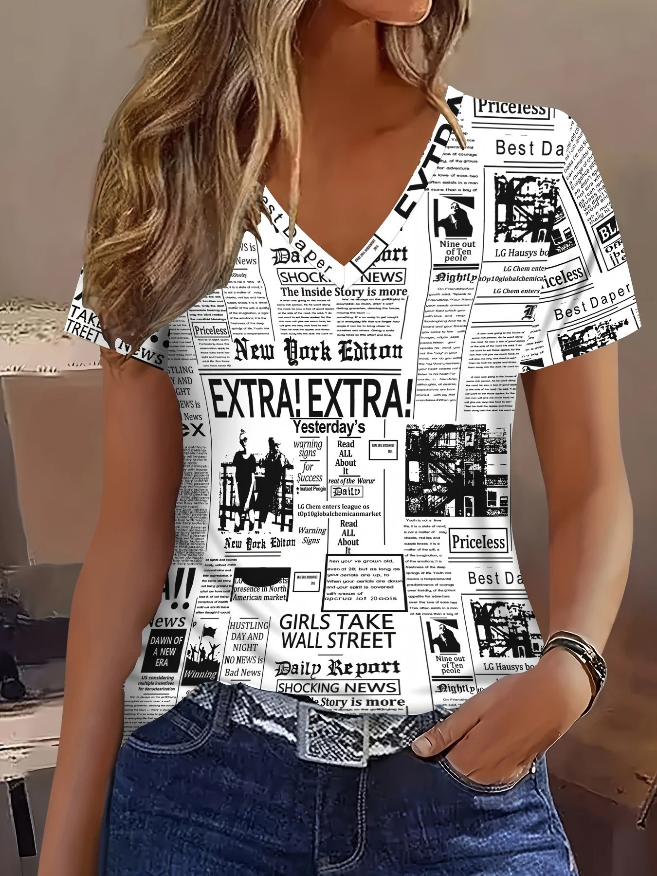 Elegant Vintage Cat Print Casual T Shirt V Neck Short Sleeve Tee For Women Summer Holiday Travel And Vacation Wear