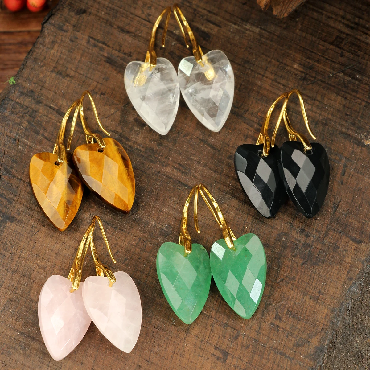 Charming Natural Stone Heart Pendant Ladies' Earrings Natural White Quartz Rose Quartz Green Aventurine Faceted Heart pendant