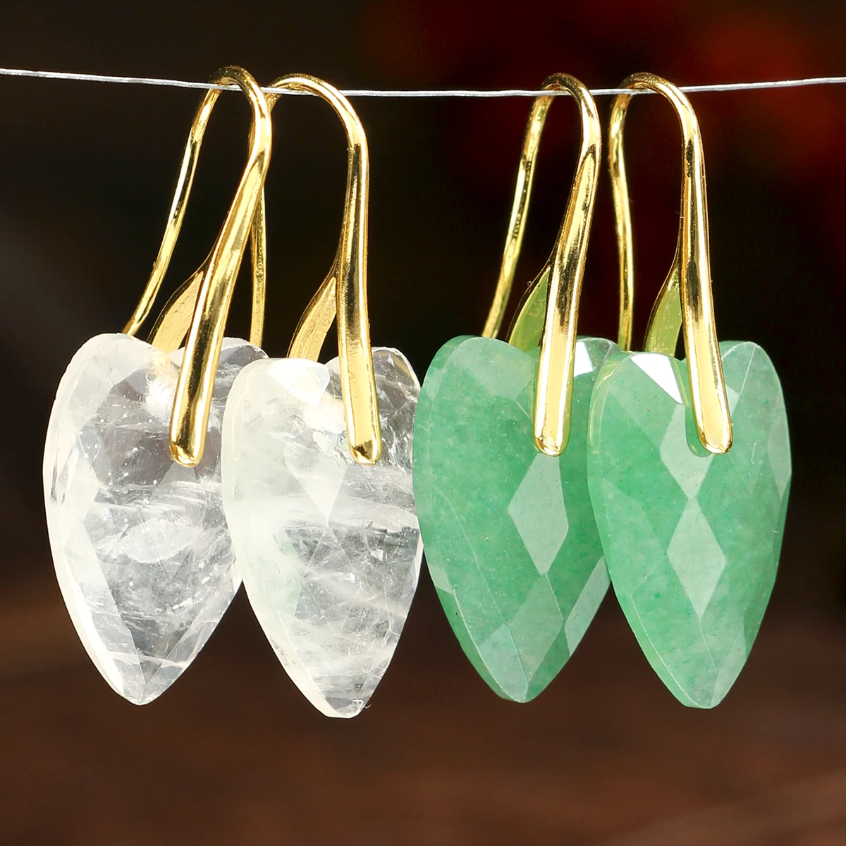 Charming Natural Stone Heart Pendant Ladies' Earrings Natural White Quartz Rose Quartz Green Aventurine Faceted Heart pendant