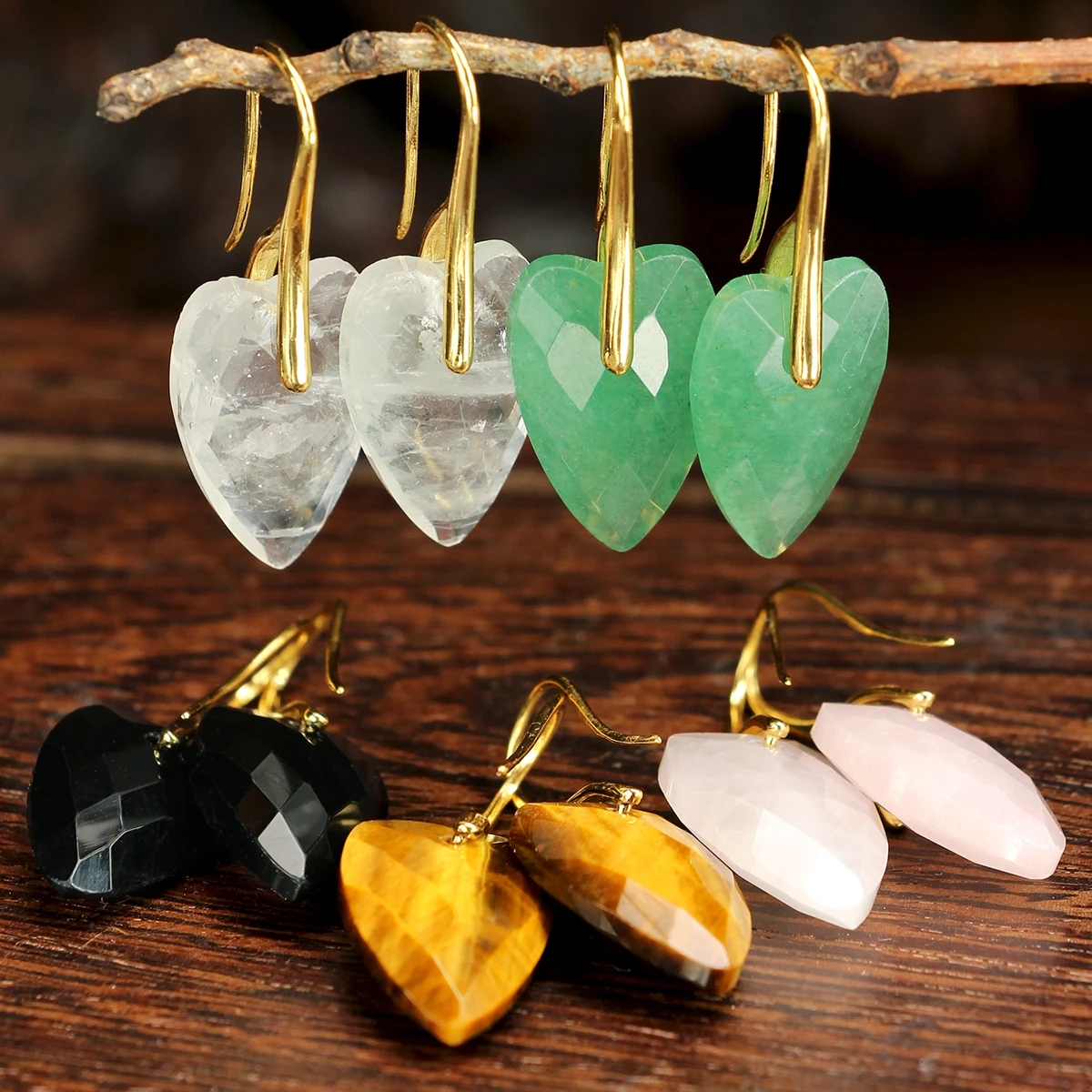 Charming Natural Stone Heart Pendant Ladies' Earrings Natural White Quartz Rose Quartz Green Aventurine Faceted Heart pendant