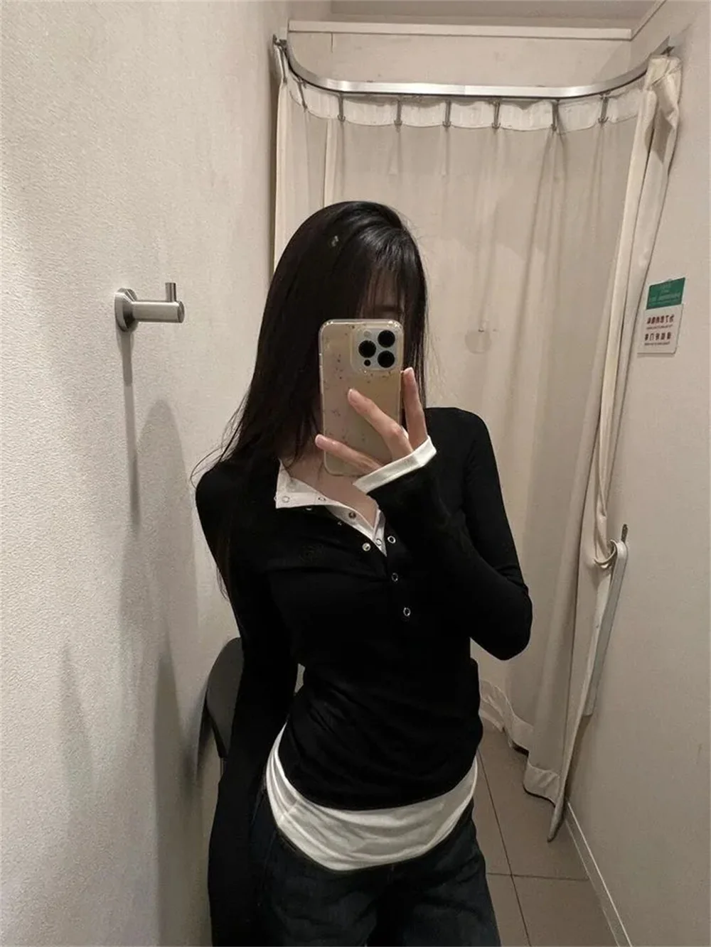 Women Spring Autumn Long Sleeve T-Shirt Wear Base Shirt Spicy Retro Fake Two-piece V-neck Long Sleeve Korean Style Chic T-shirt