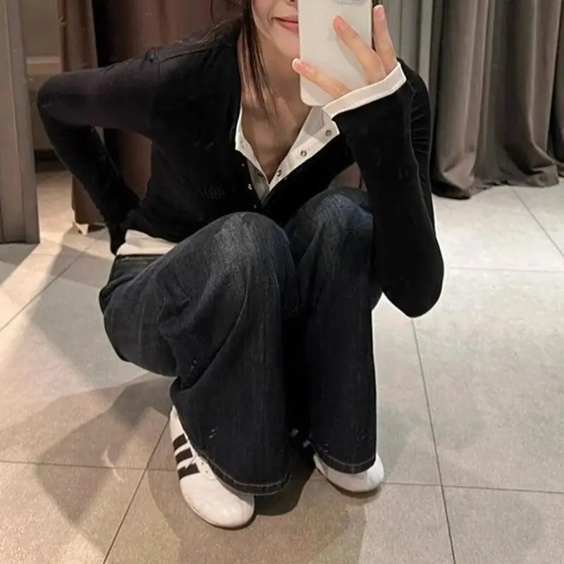 Women Spring Autumn Long Sleeve T-Shirt Wear Base Shirt Spicy Retro Fake Two-piece V-neck Long Sleeve Korean Style Chic T-shirt