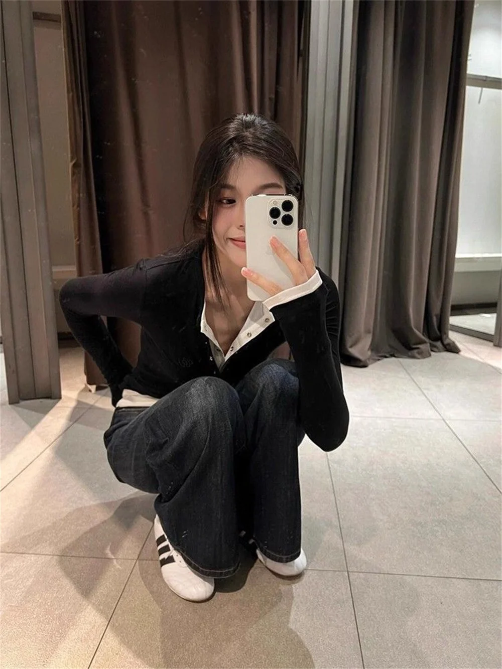 Women Spring Autumn Long Sleeve T-Shirt Wear Base Shirt Spicy Retro Fake Two-piece V-neck Long Sleeve Korean Style Chic T-shirt