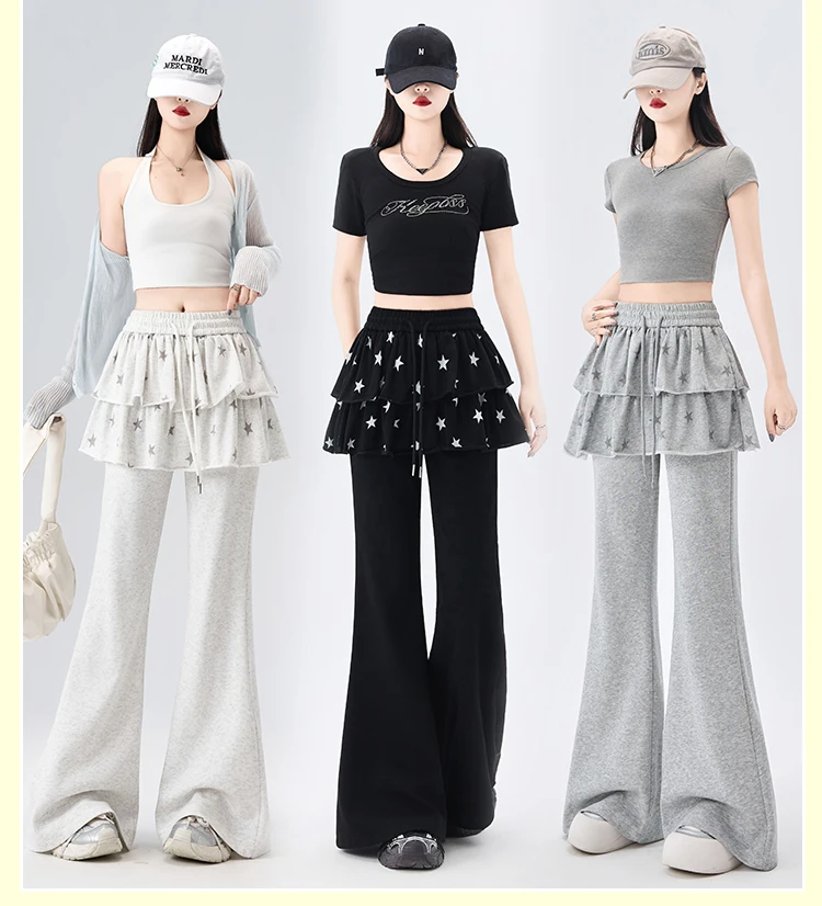American Retro Sporty Style Faux Two-Piece Casual Sweatpants For Women Spring Summer Ruffled Slightly Flared Pants With Star