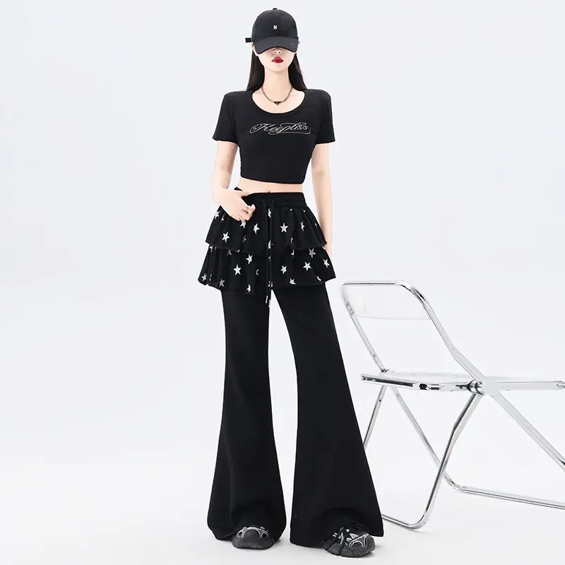 American Retro Sporty Style Faux Two-Piece Casual Sweatpants For Women Spring Summer Ruffled Slightly Flared Pants With Star
