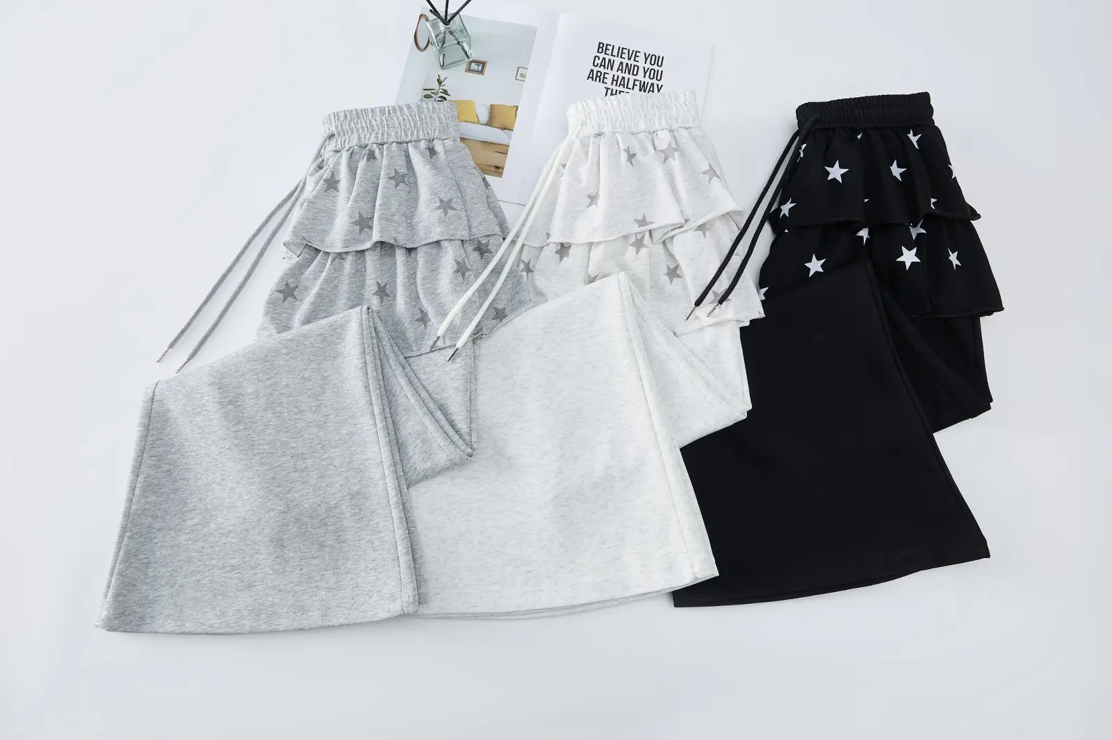 American Retro Sporty Style Faux Two-Piece Casual Sweatpants For Women Spring Summer Ruffled Slightly Flared Pants With Star