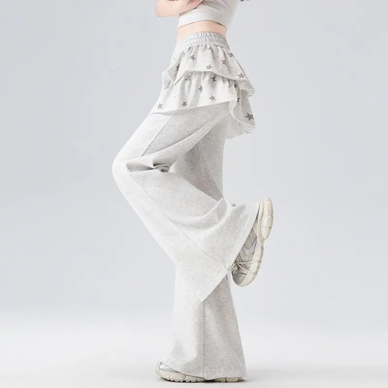 American Retro Sporty Style Faux Two-Piece Casual Sweatpants For Women Spring Summer Ruffled Slightly Flared Pants With Star