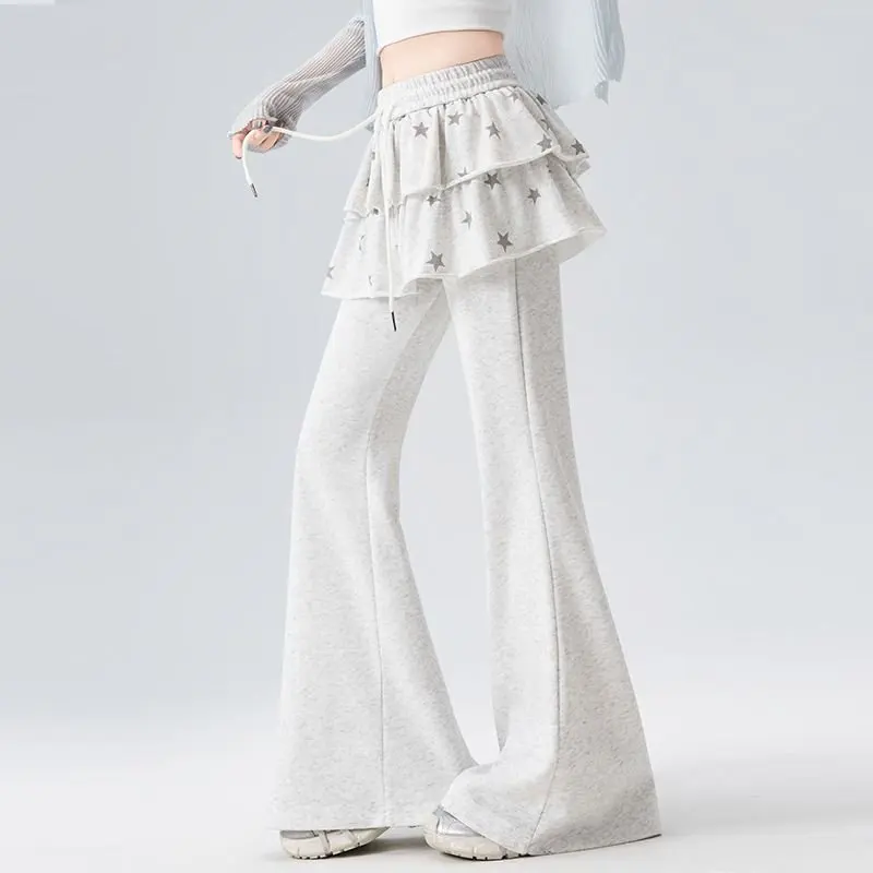 American Retro Sporty Style Faux Two-Piece Casual Sweatpants For Women Spring Summer Ruffled Slightly Flared Pants With Star