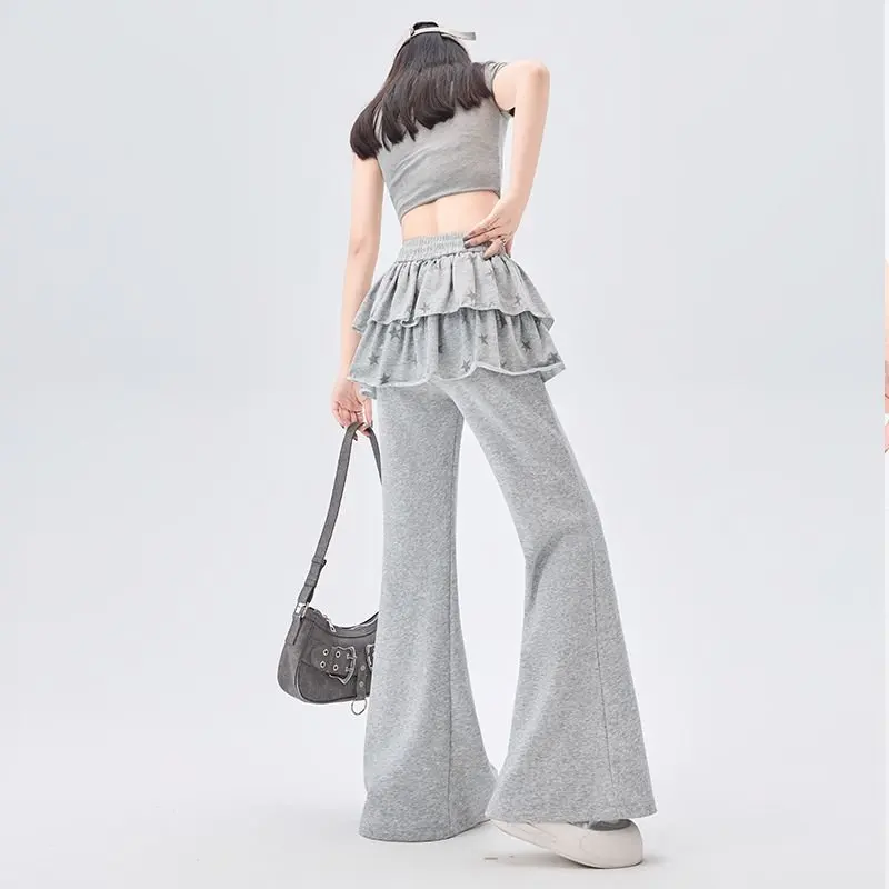 American Retro Sporty Style Faux Two-Piece Casual Sweatpants For Women Spring Summer Ruffled Slightly Flared Pants With Star