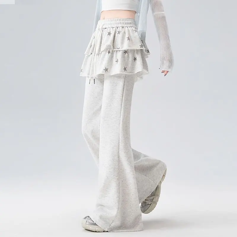American Retro Sporty Style Faux Two-Piece Casual Sweatpants For Women Spring Summer Ruffled Slightly Flared Pants With Star