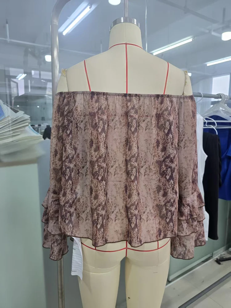 New Summer Women's Casual Printed Off-the-Shoulder Chiffon Blouse: Elegant Color-Blocking, Resort Style, Perfect for Summer