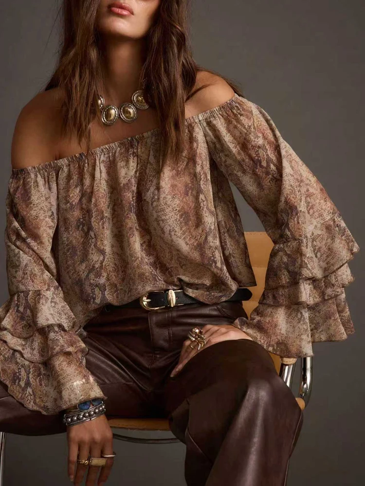 New Summer Women's Casual Printed Off-the-Shoulder Chiffon Blouse: Elegant Color-Blocking, Resort Style, Perfect for Summer