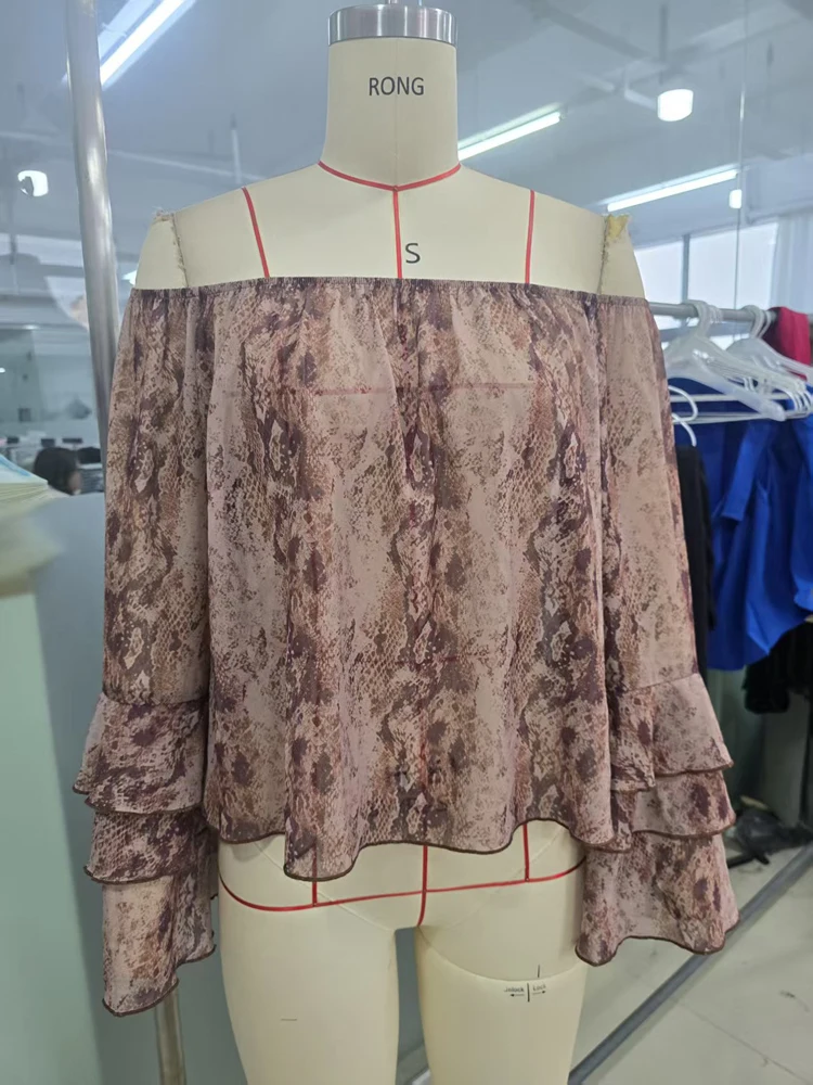 New Summer Women's Casual Printed Off-the-Shoulder Chiffon Blouse: Elegant Color-Blocking, Resort Style, Perfect for Summer