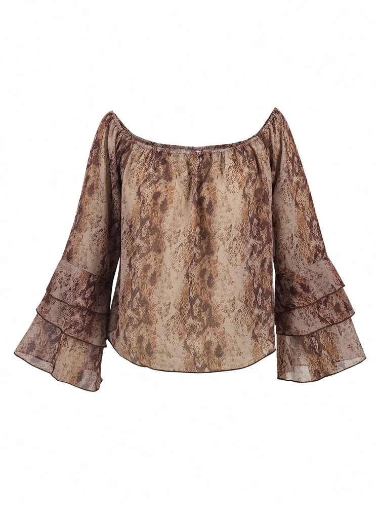 New Summer Women's Casual Printed Off-the-Shoulder Chiffon Blouse: Elegant Color-Blocking, Resort Style, Perfect for Summer