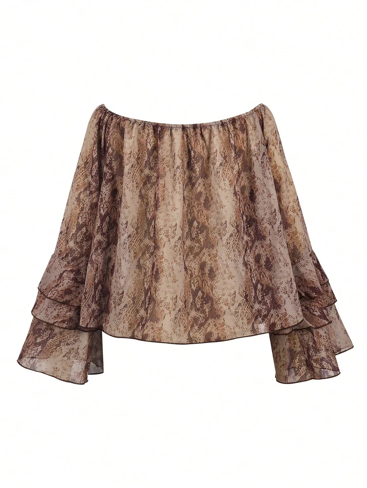 New Summer Women's Casual Printed Off-the-Shoulder Chiffon Blouse: Elegant Color-Blocking, Resort Style, Perfect for Summer