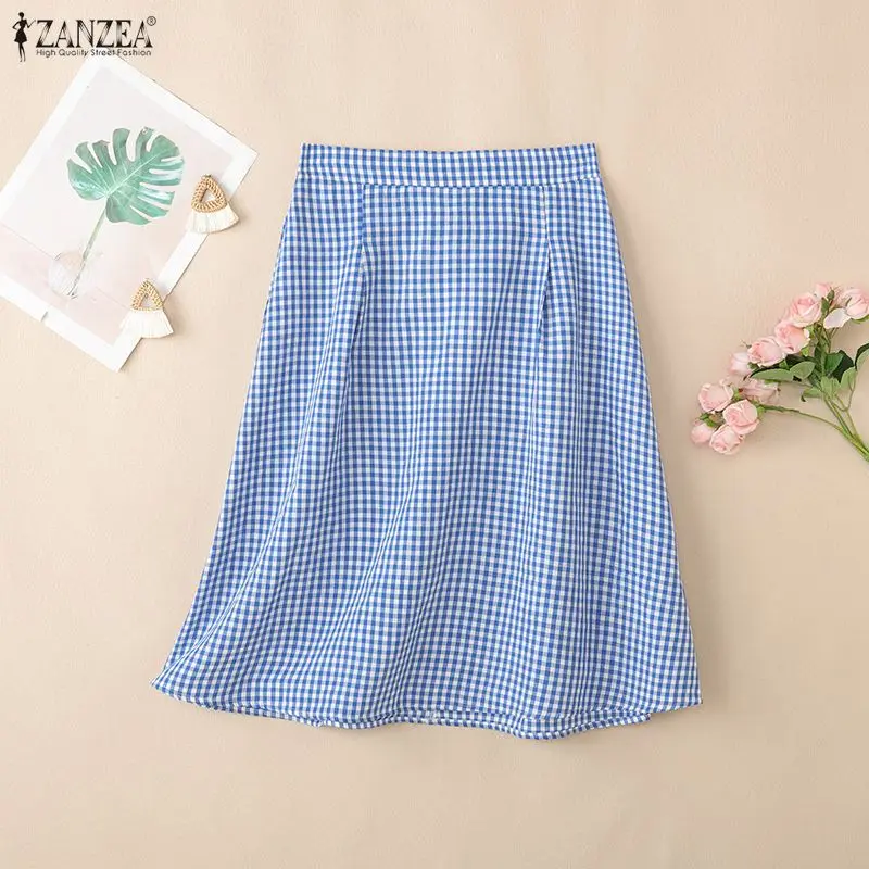 2026 Summer Elastic Waist Plaid Midi Skirt ZANZEA Elegant Women Work OL Skirts Stylish A-line Jupes Casual Holiday Faldas Saia