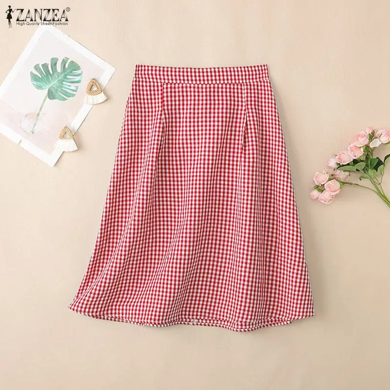 2026 Summer Elastic Waist Plaid Midi Skirt ZANZEA Elegant Women Work OL Skirts Stylish A-line Jupes Casual Holiday Faldas Saia