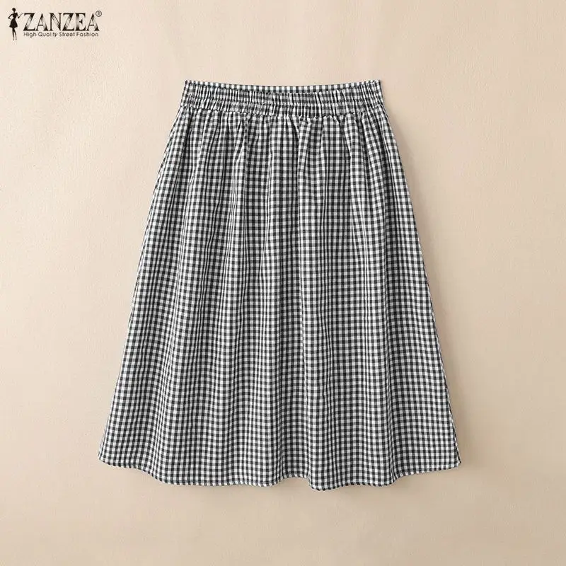 2026 Summer Elastic Waist Plaid Midi Skirt ZANZEA Elegant Women Work OL Skirts Stylish A-line Jupes Casual Holiday Faldas Saia