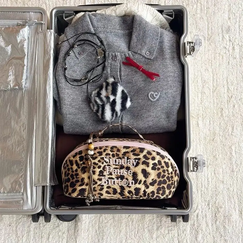 Fashion Vintage Leopard Tote Bag Handheld Large Capacity Storage Box Zipper Design Handbag Toiletry Organization
