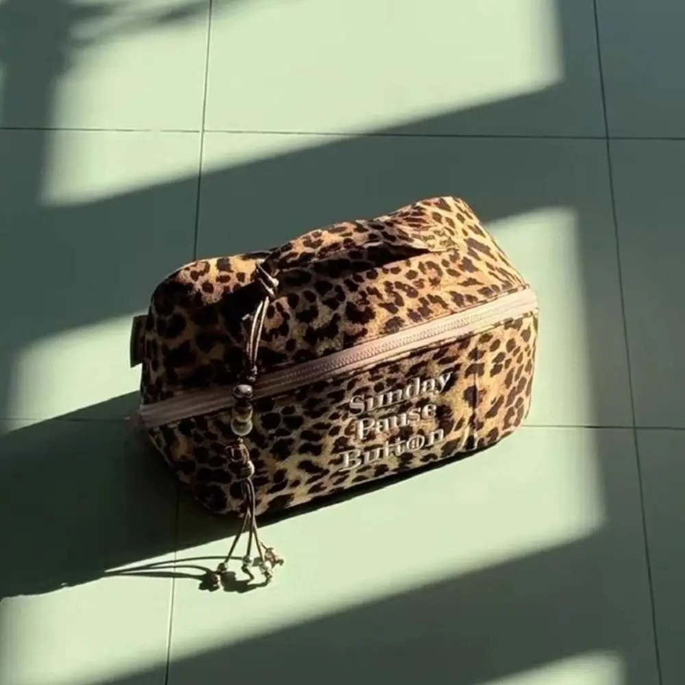 Fashion Vintage Leopard Tote Bag Handheld Large Capacity Storage Box Zipper Design Handbag Toiletry Organization