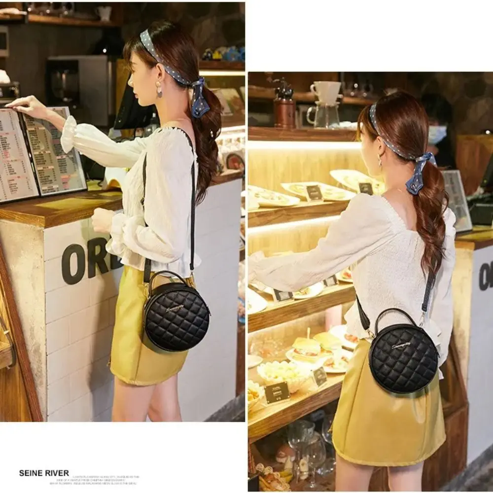 Fashion Lingge Embroidered Small Round Bag Solid Color Zipper Women Shoulder Bag PU Leather Crossbody Bag