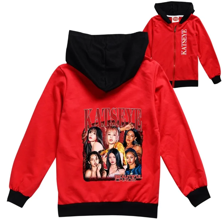 KPOP KATSEYE Clothes Kids Hooded Zipper Jackets Children Spring Autumn Cardigan Coats Girls Long Sleeve Outerwear Boys Clothing
