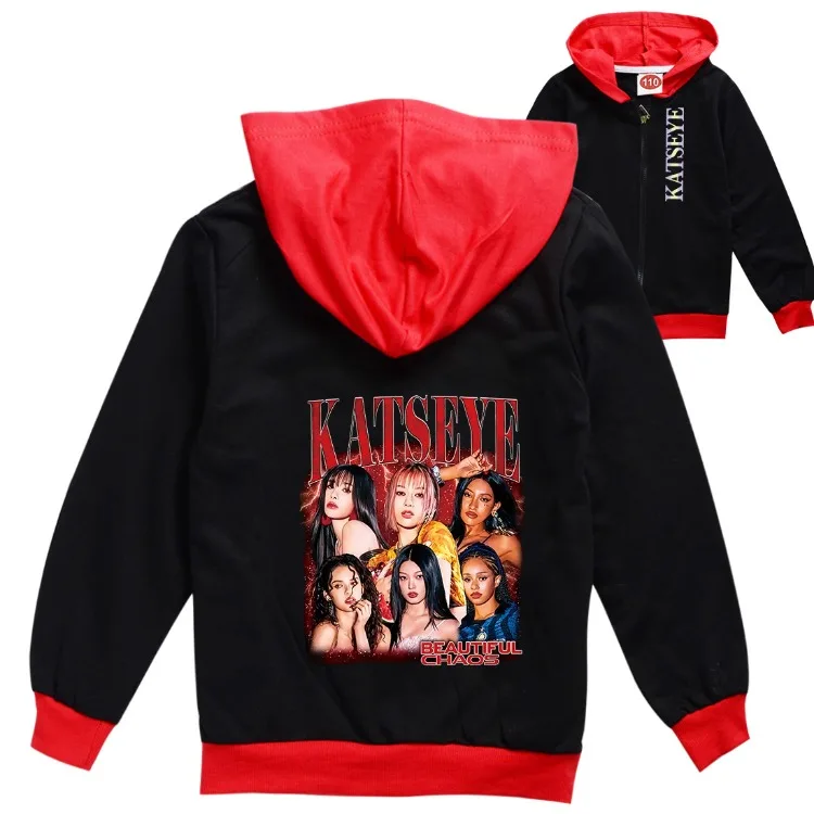 KPOP KATSEYE Clothes Kids Hooded Zipper Jackets Children Spring Autumn Cardigan Coats Girls Long Sleeve Outerwear Boys Clothing