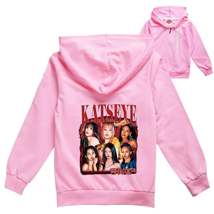 KPOP KATSEYE Clothes Kids Hooded Zipper Jackets Children Spring Autumn Cardigan Coats Girls Long Sleeve Outerwear Boys Clothing