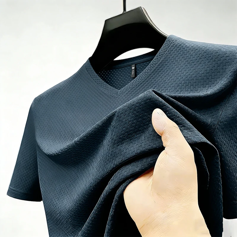 Premium Men's Business Casual V Neck T-Shirt Ice Silk Lightweight Breathable Summer Tops