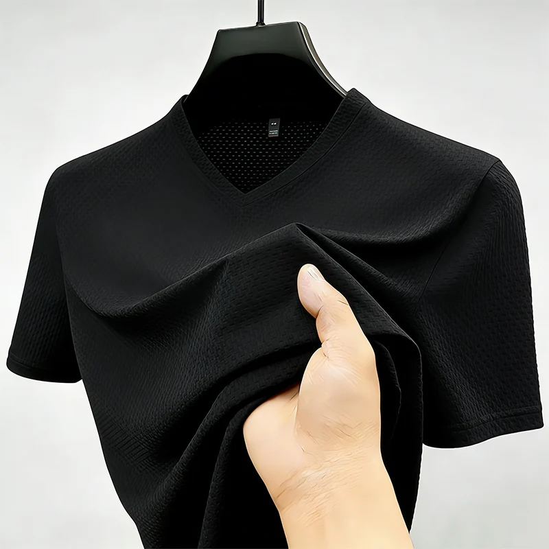 Premium Men's Business Casual V Neck T-Shirt Ice Silk Lightweight Breathable Summer Tops