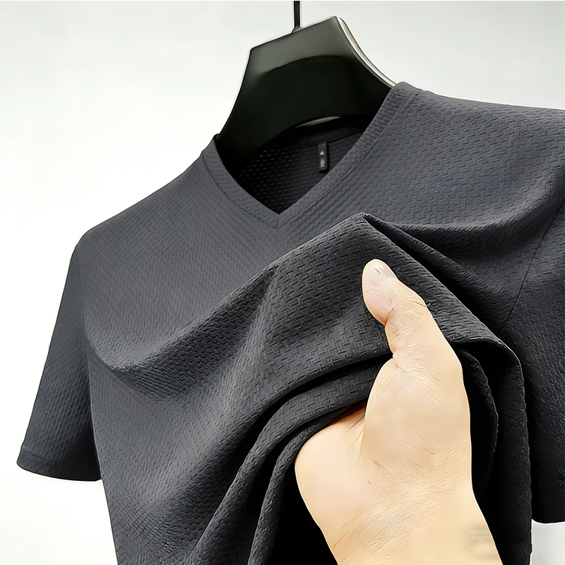 Premium Men's Business Casual V Neck T-Shirt Ice Silk Lightweight Breathable Summer Tops