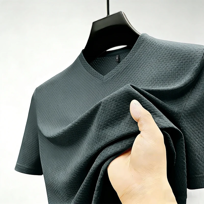 Premium Men's Business Casual V Neck T-Shirt Ice Silk Lightweight Breathable Summer Tops