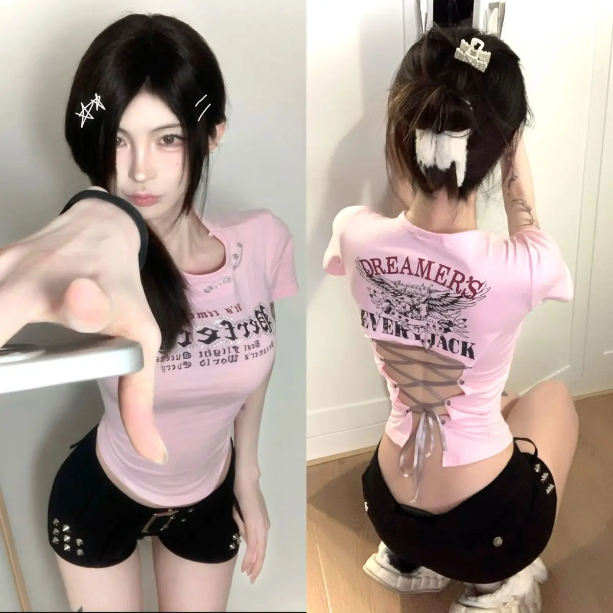 Summer Fashion New Women's Design Sense Spicy Girl T-shirt Letter Print Street Slim Fit Pink Backless Strap Temperament Top