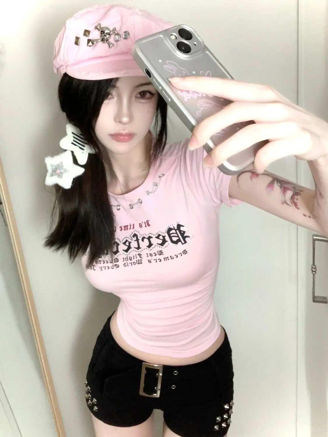 Summer Fashion New Women's Design Sense Spicy Girl T-shirt Letter Print Street Slim Fit Pink Backless Strap Temperament Top