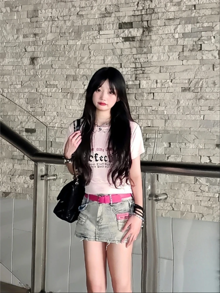 Summer Fashion New Women's Design Sense Spicy Girl T-shirt Letter Print Street Slim Fit Pink Backless Strap Temperament Top