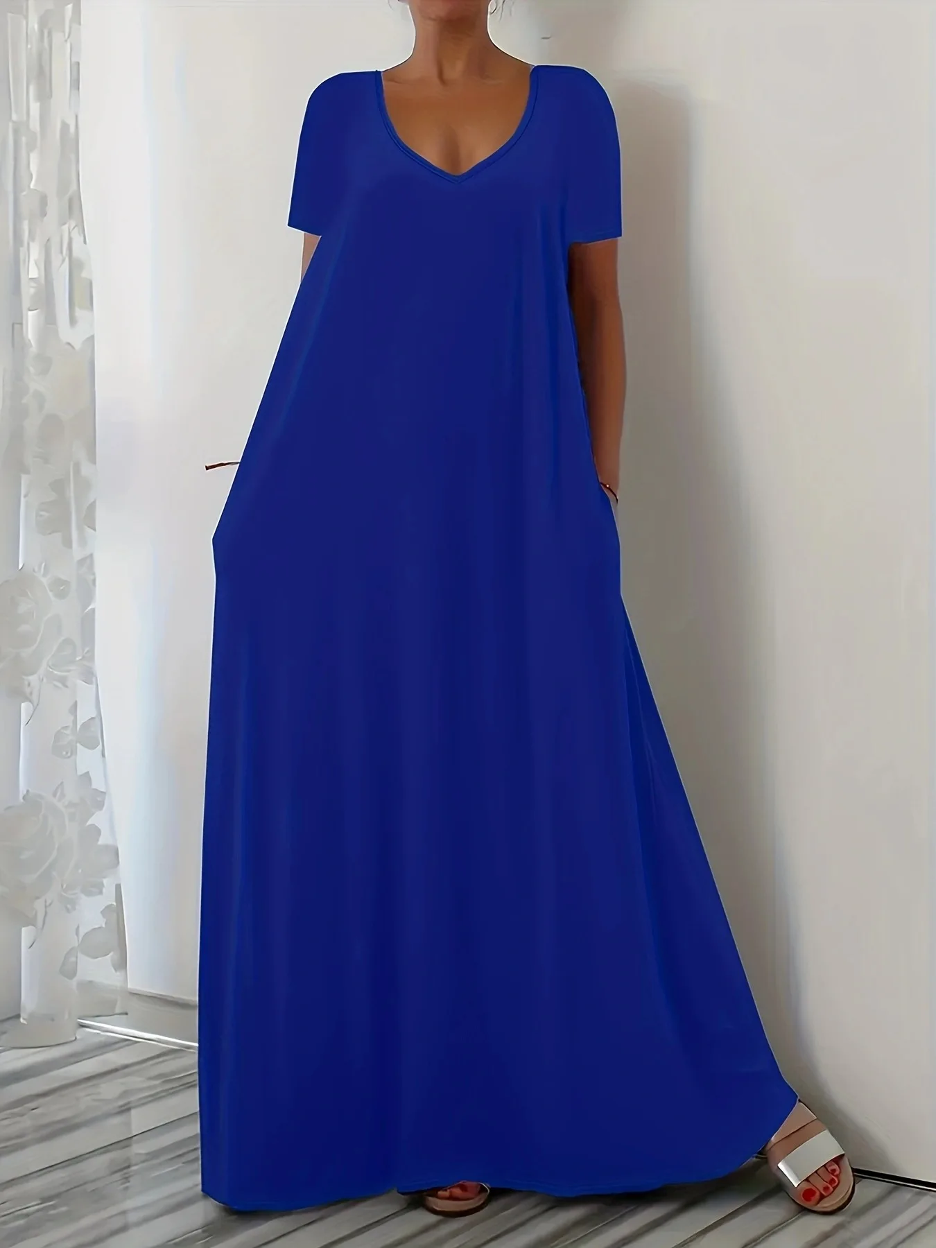 Plus Size Summer new long skirt casual loose short sleeved solid color V-neck plus size dress for women