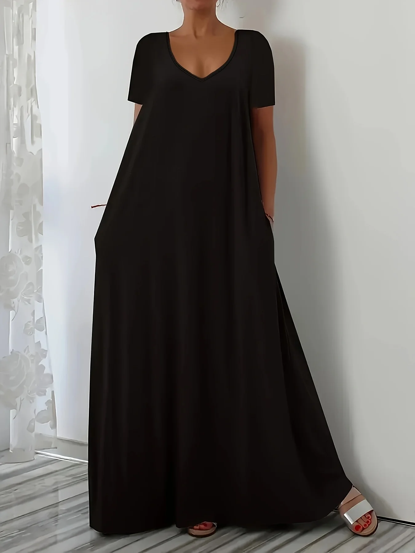 Plus Size Summer new long skirt casual loose short sleeved solid color V-neck plus size dress for women