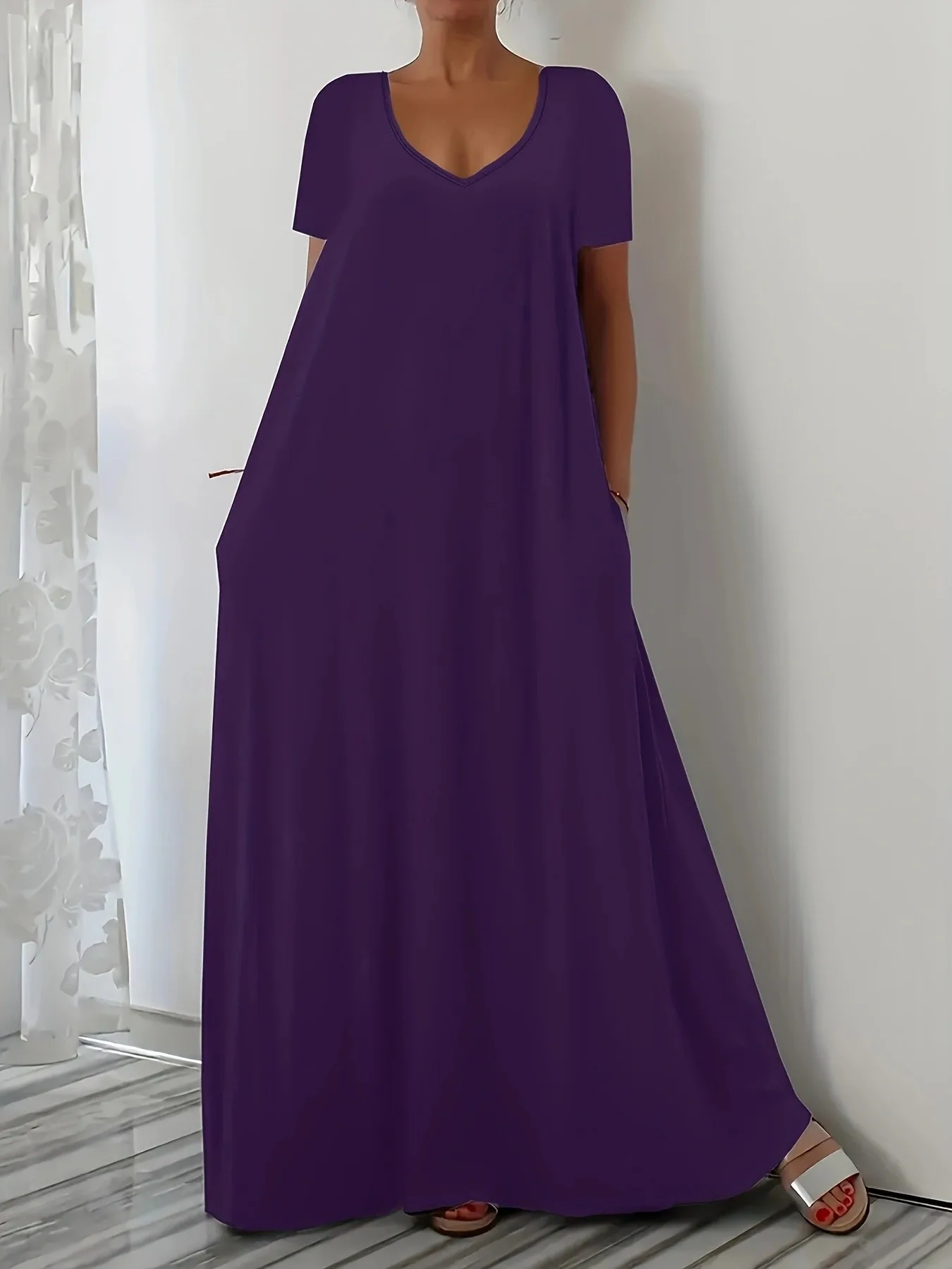 Plus Size Summer new long skirt casual loose short sleeved solid color V-neck plus size dress for women