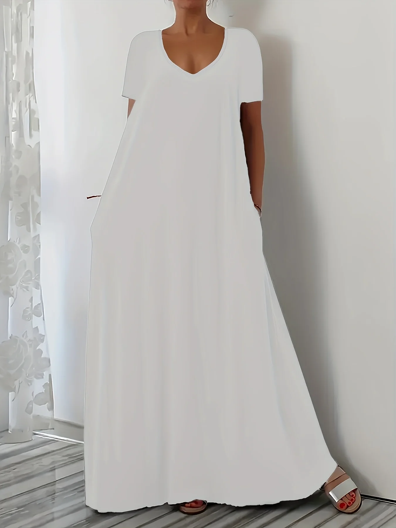 Plus Size Summer new long skirt casual loose short sleeved solid color V-neck plus size dress for women