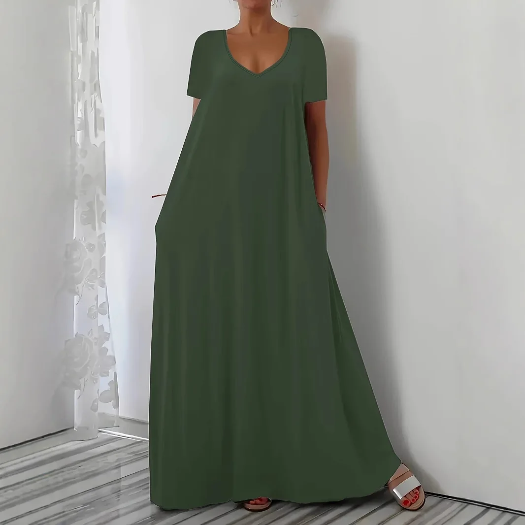 Plus Size Summer new long skirt casual loose short sleeved solid color V-neck plus size dress for women