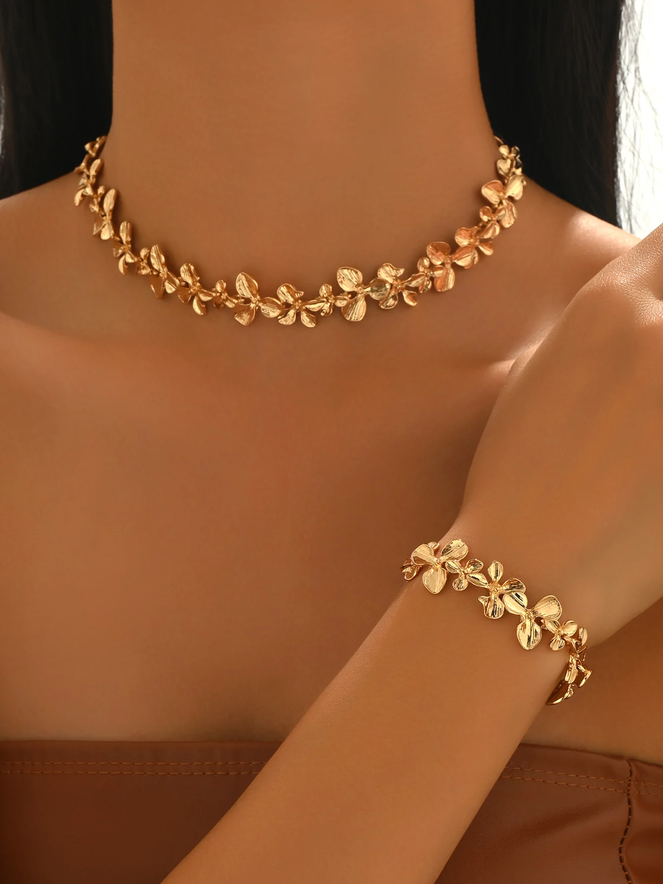 2Pcs 18K Gold Plated Delicate Petal Floral Jewelry Set Elegant Necklace Bracelet For Women Trendy Daily Party Gift