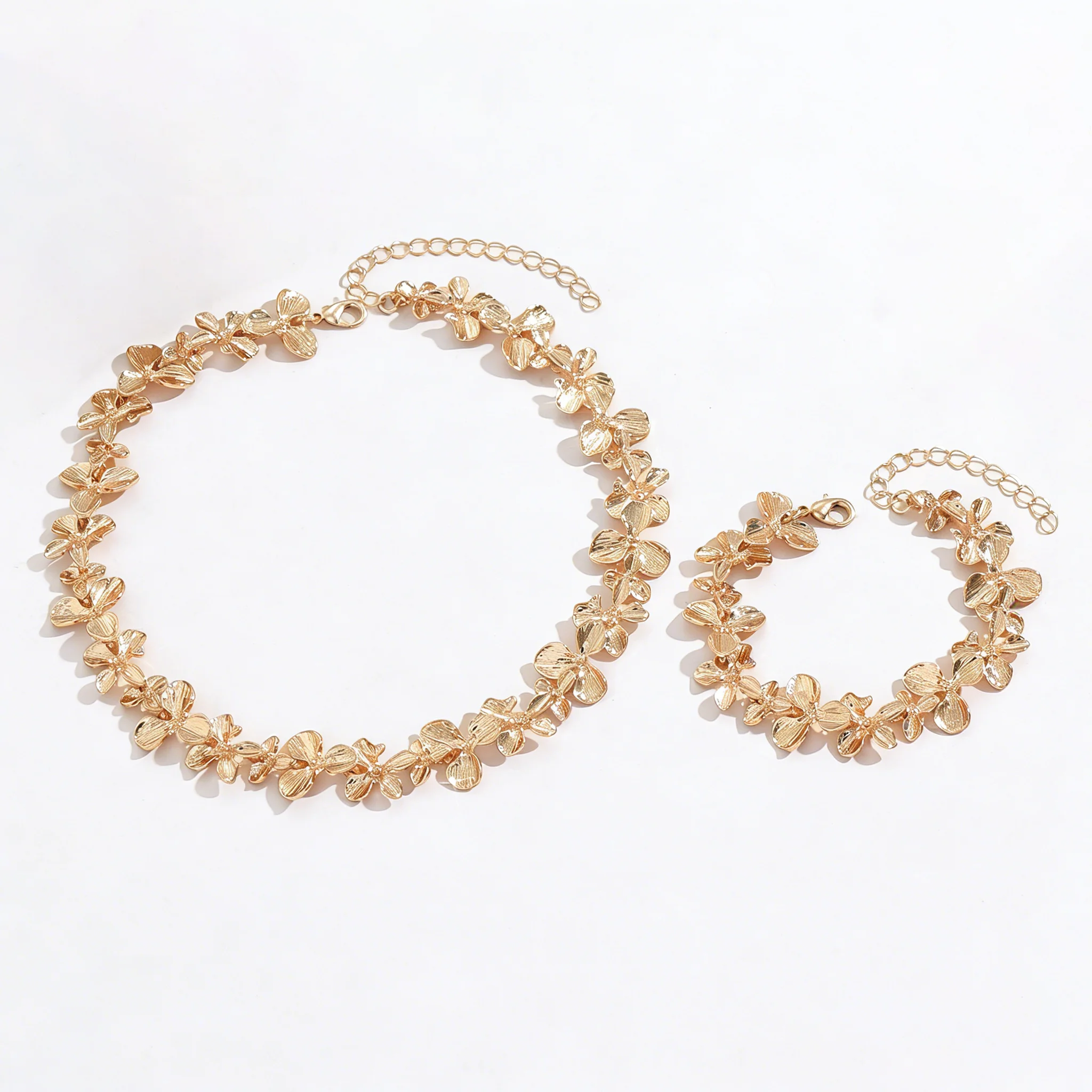 2Pcs 18K Gold Plated Delicate Petal Floral Jewelry Set Elegant Necklace Bracelet For Women Trendy Daily Party Gift