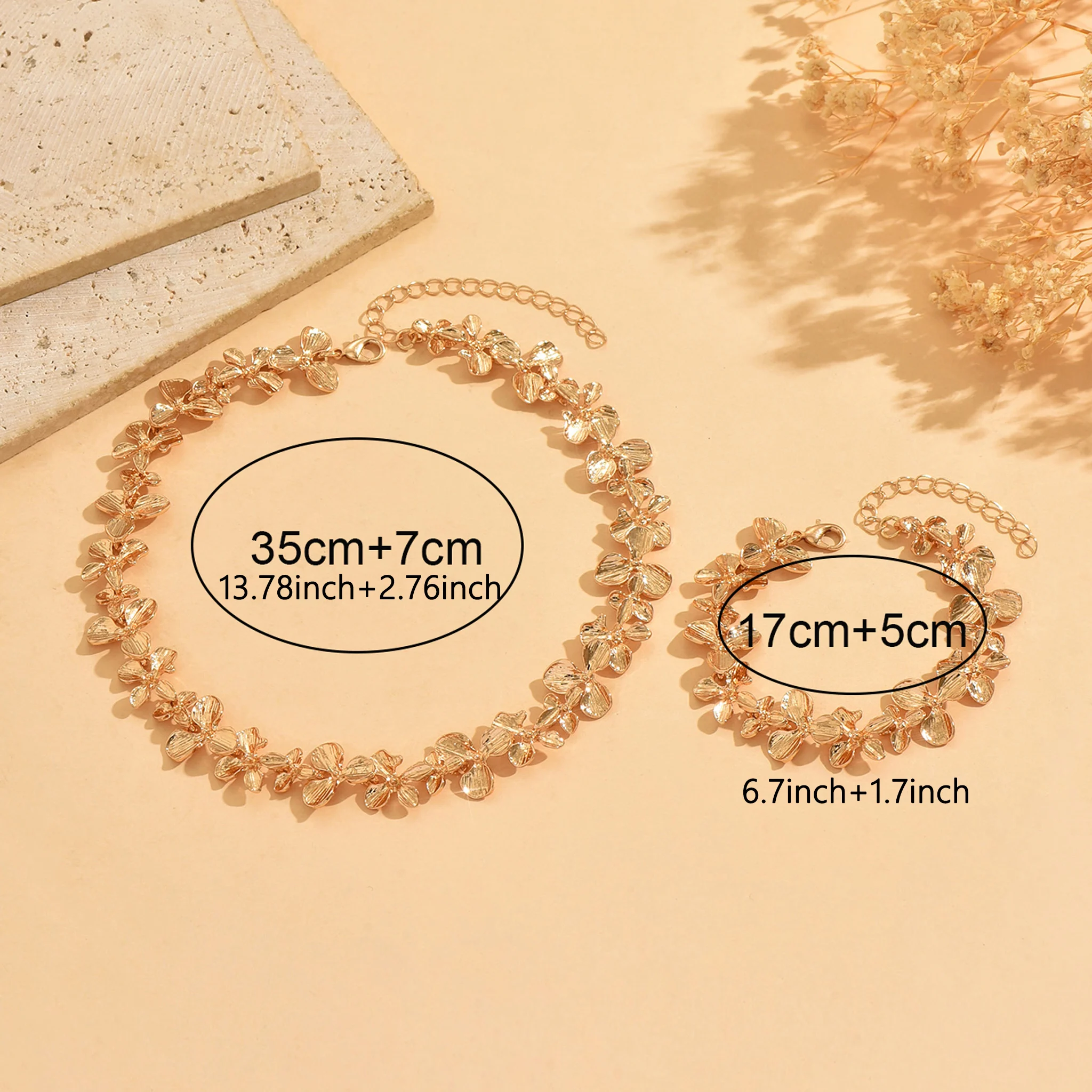 2Pcs 18K Gold Plated Delicate Petal Floral Jewelry Set Elegant Necklace Bracelet For Women Trendy Daily Party Gift