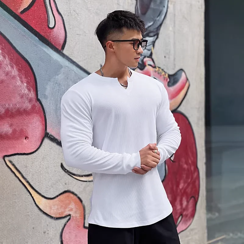 Men's Fashion Fitness Sports Long Sleeve T-Shirt Retro Outdoor Home V-Neck Spring Summer Gym Fitted Clothing