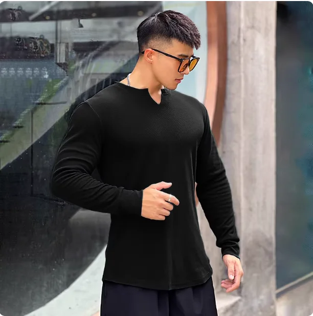Men's Fashion Fitness Sports Long Sleeve T-Shirt Retro Outdoor Home V-Neck Spring Summer Gym Fitted Clothing